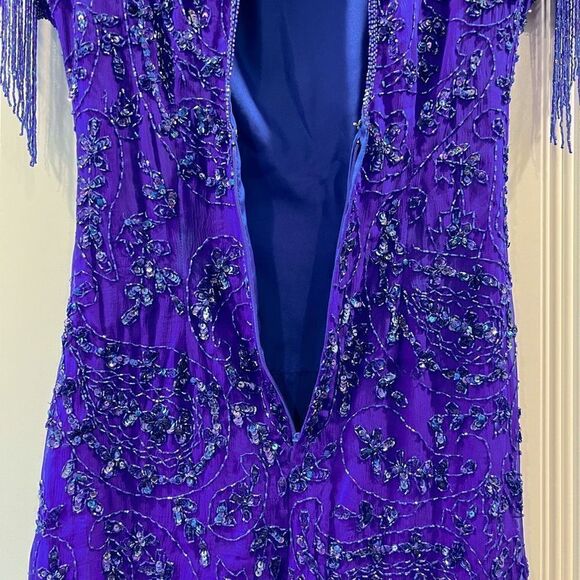 VTG Stenay Women 4 100% Pure Silk Royal Blue Beaded Fringe Elegant Flapper Dress - Picture 8 of 15